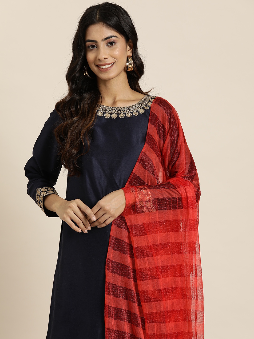 

HERE&NOW Striped Chiffon Dupatta, Red