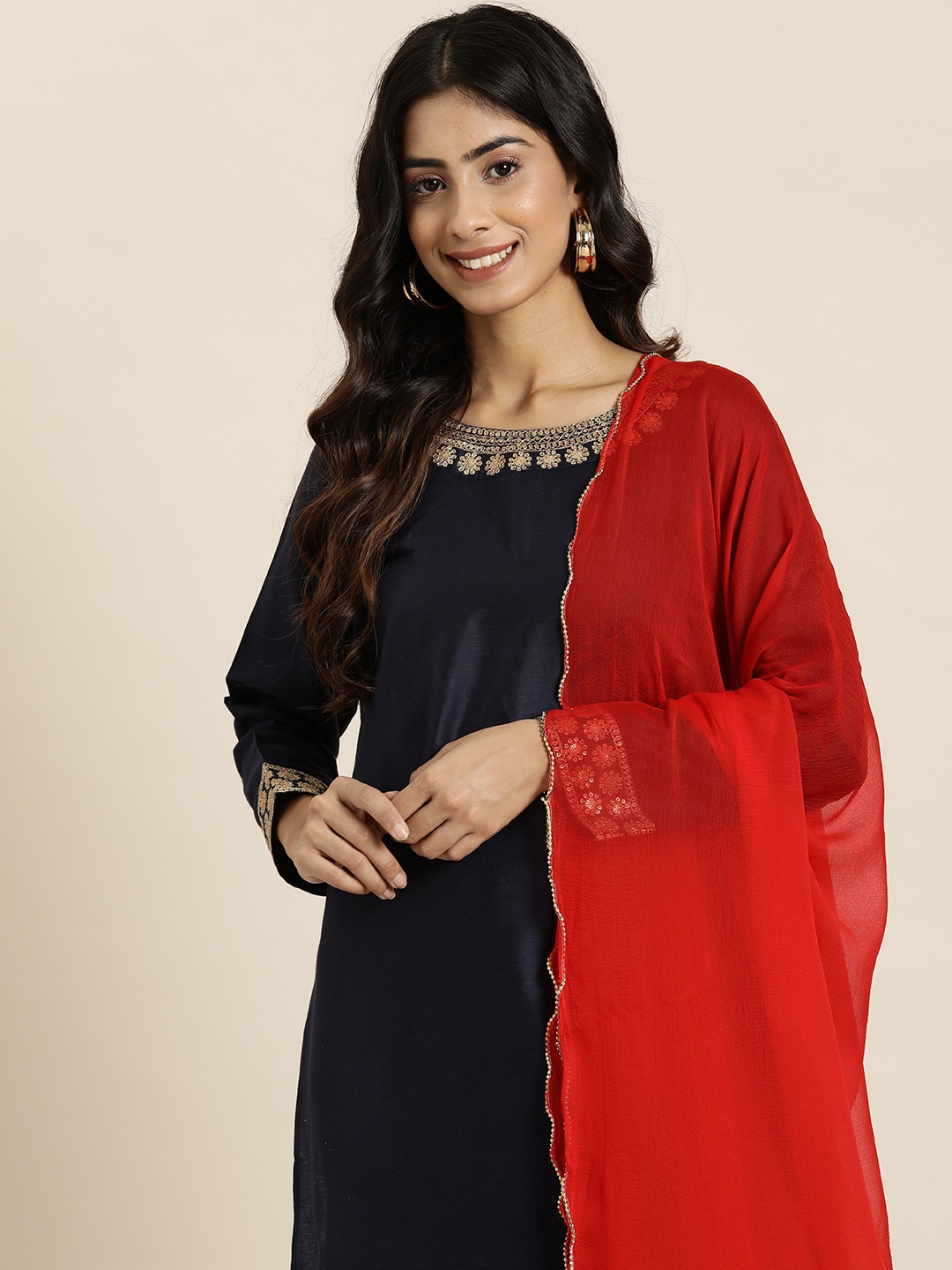 

HERE&NOW Dupatta with Beads & Stones, Red