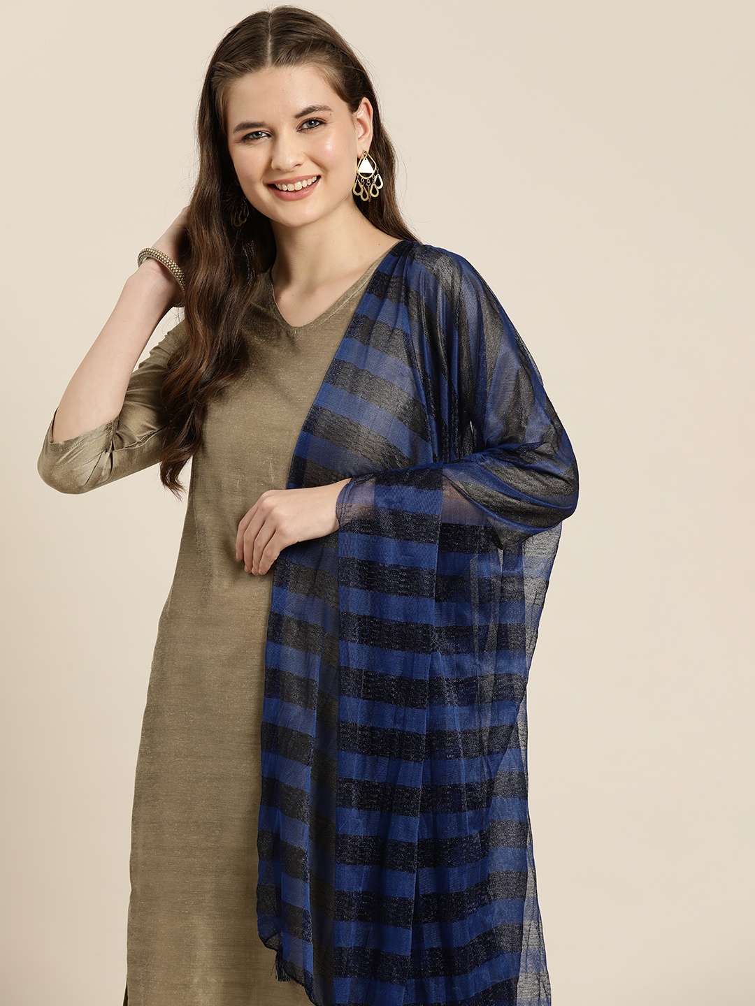 

HERE&NOW Striped Pure Chiffon Dupatta, Navy blue