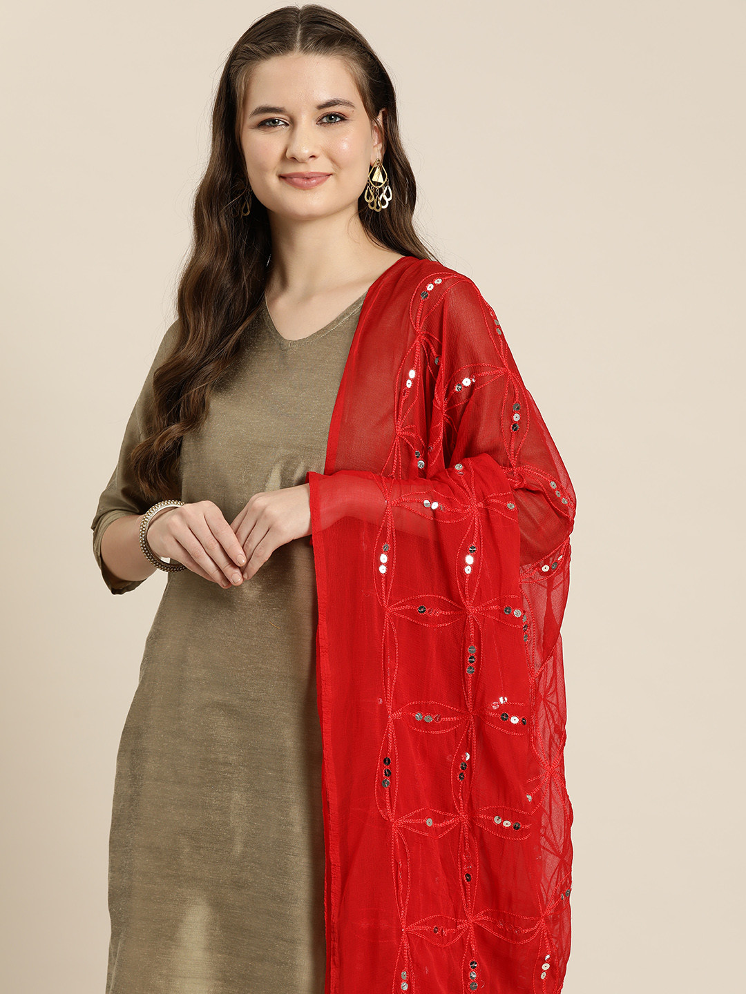 

HERE&NOW Embroidered Dupatta with Sequinned Detail, Red