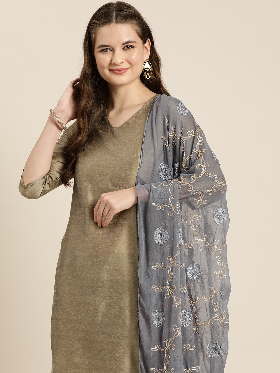 

HERE&NOW Embroidered Dupatta with Thread Work, Grey