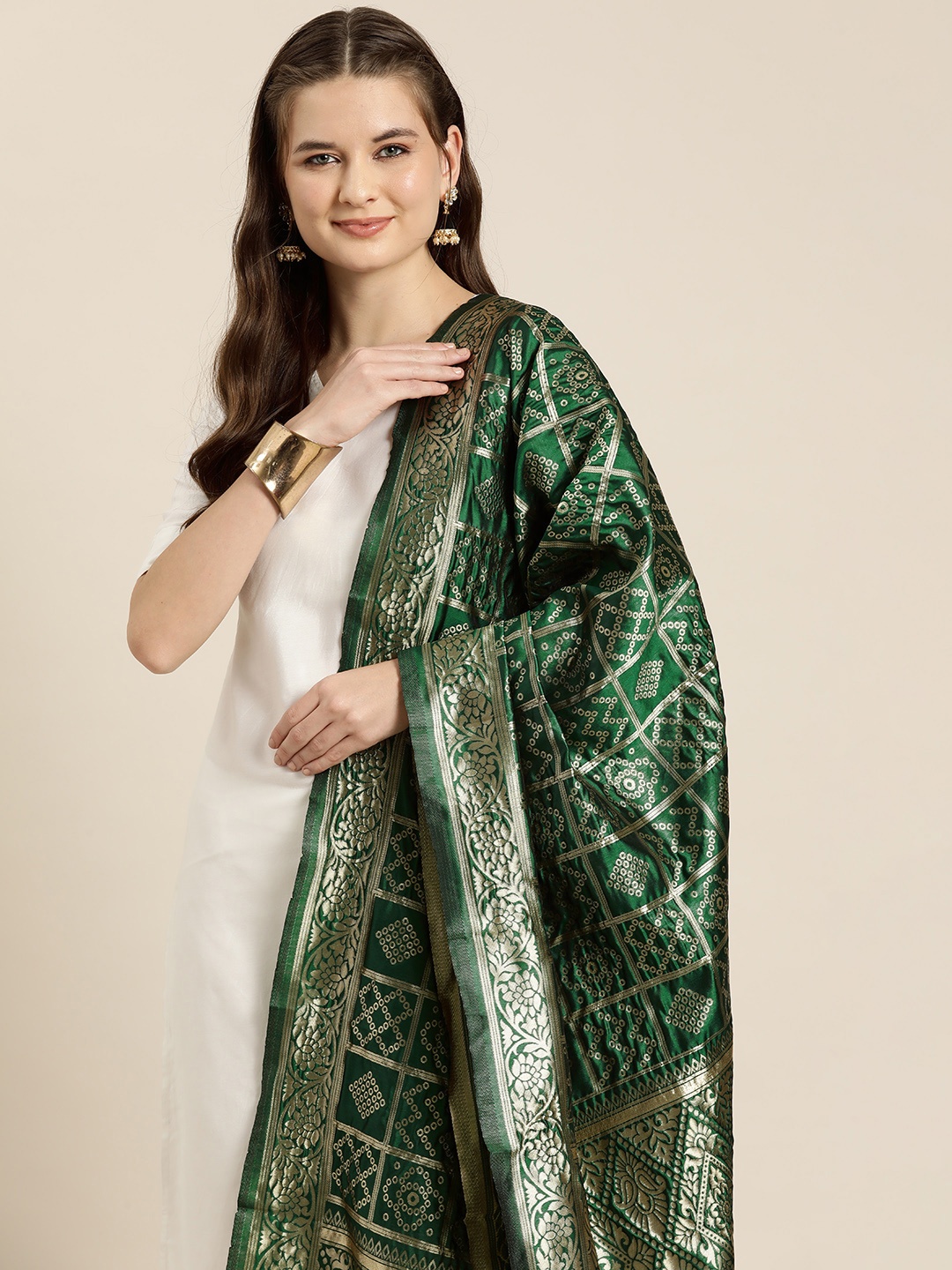 

HERE&NOW Ethnic Motifs Woven Design Chanderi Dupatta, Green