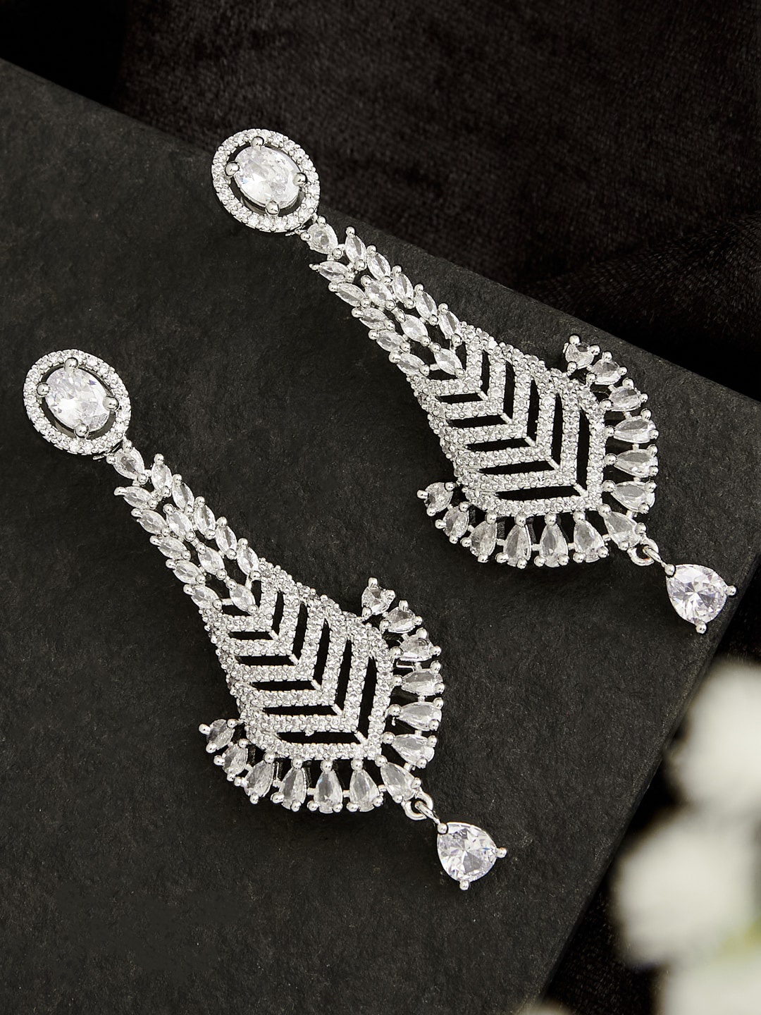 

ATIBELLE Silver Plated Contemporary Cubic Zirconia Studded Drop Earrings