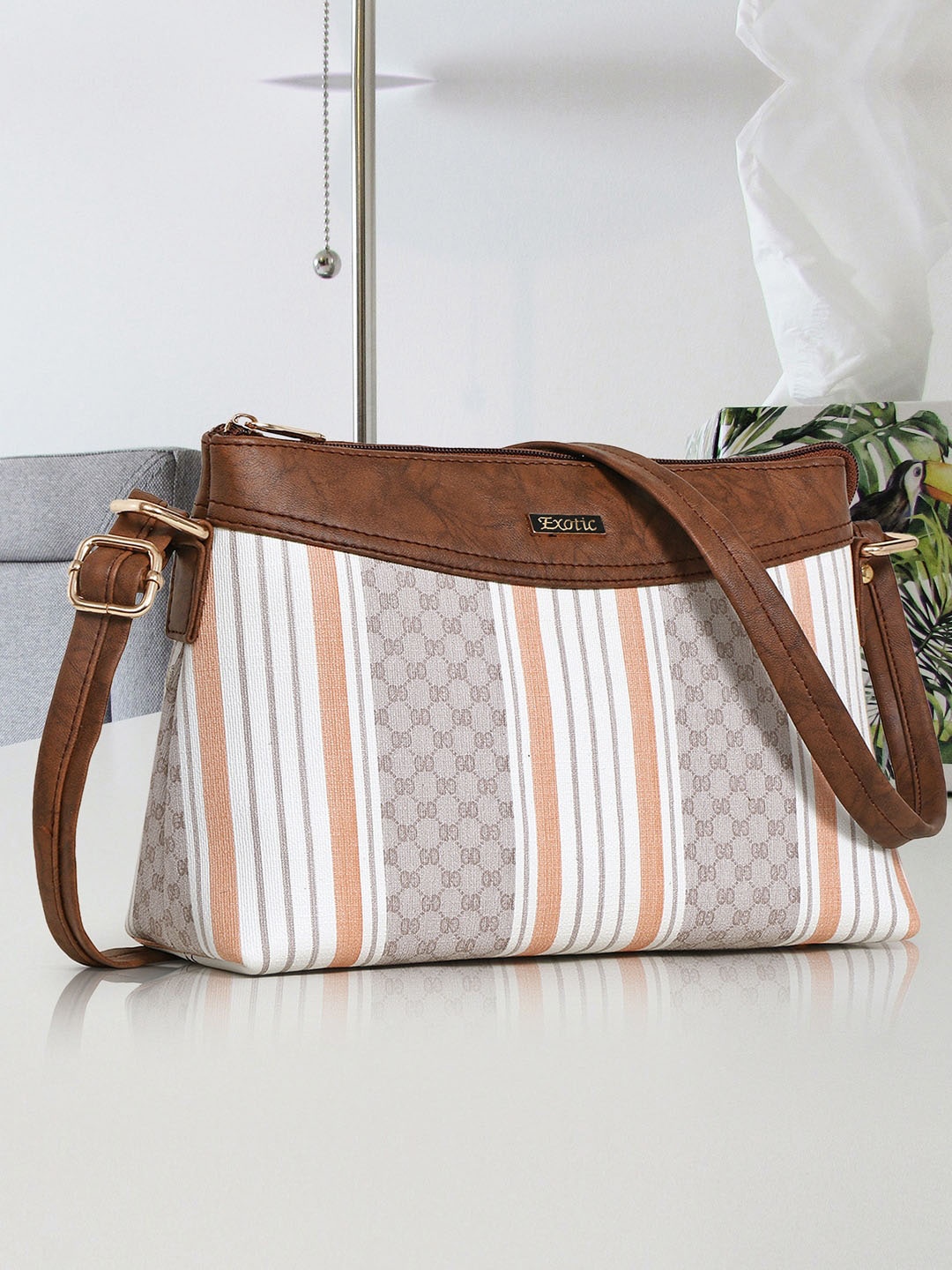 

Exotic Printed Structured Sling Bag, Tan