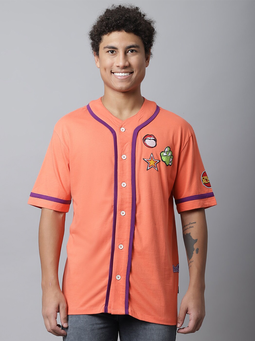 

DOOR74 Cotton Collarless Classic Boxy Opaque Casual Shirt, Coral