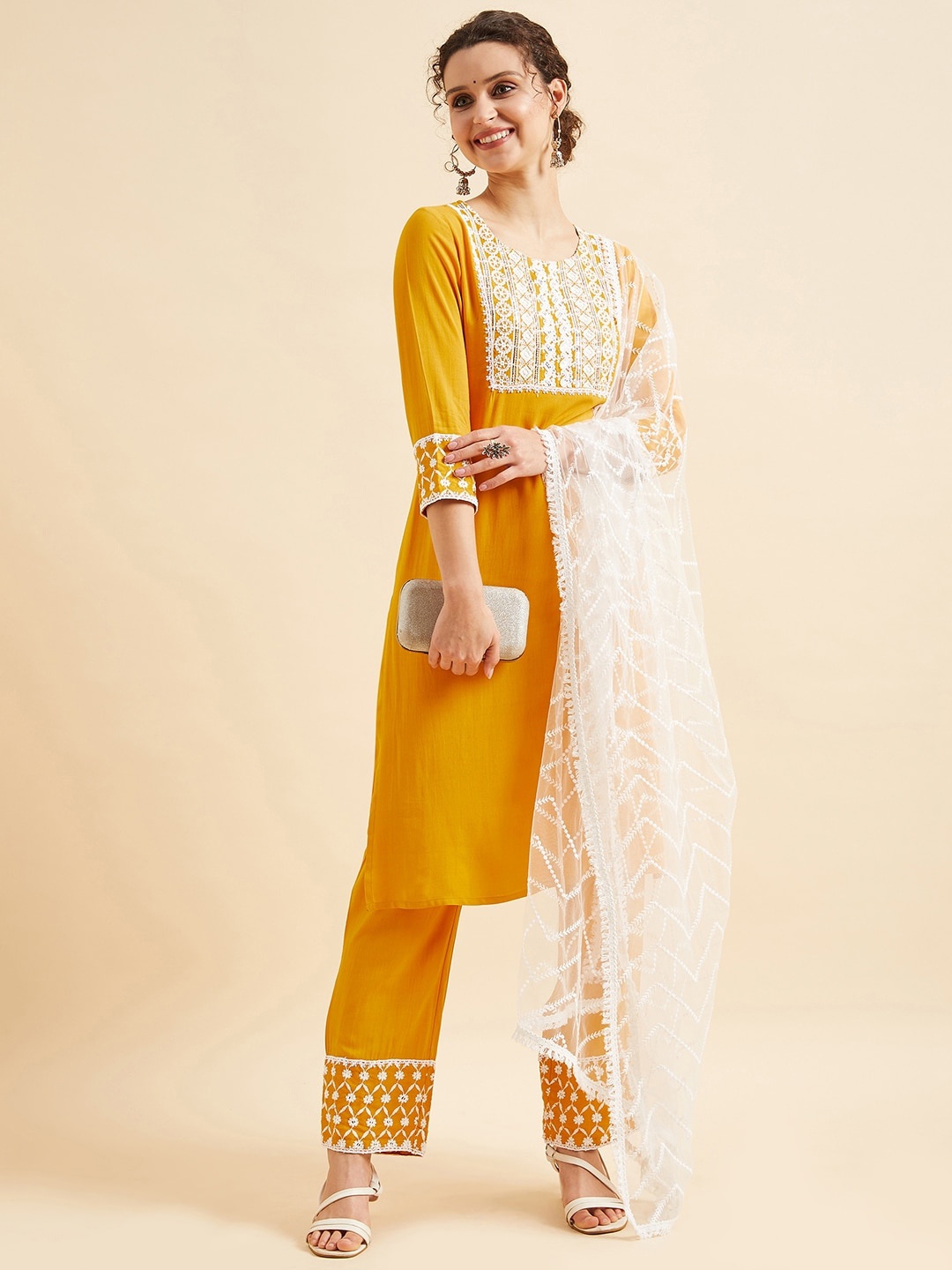 

PANIT Yellow Ethnic Motifs Embroidered Thread Work Regular Kurta with Trousers & Dupatta