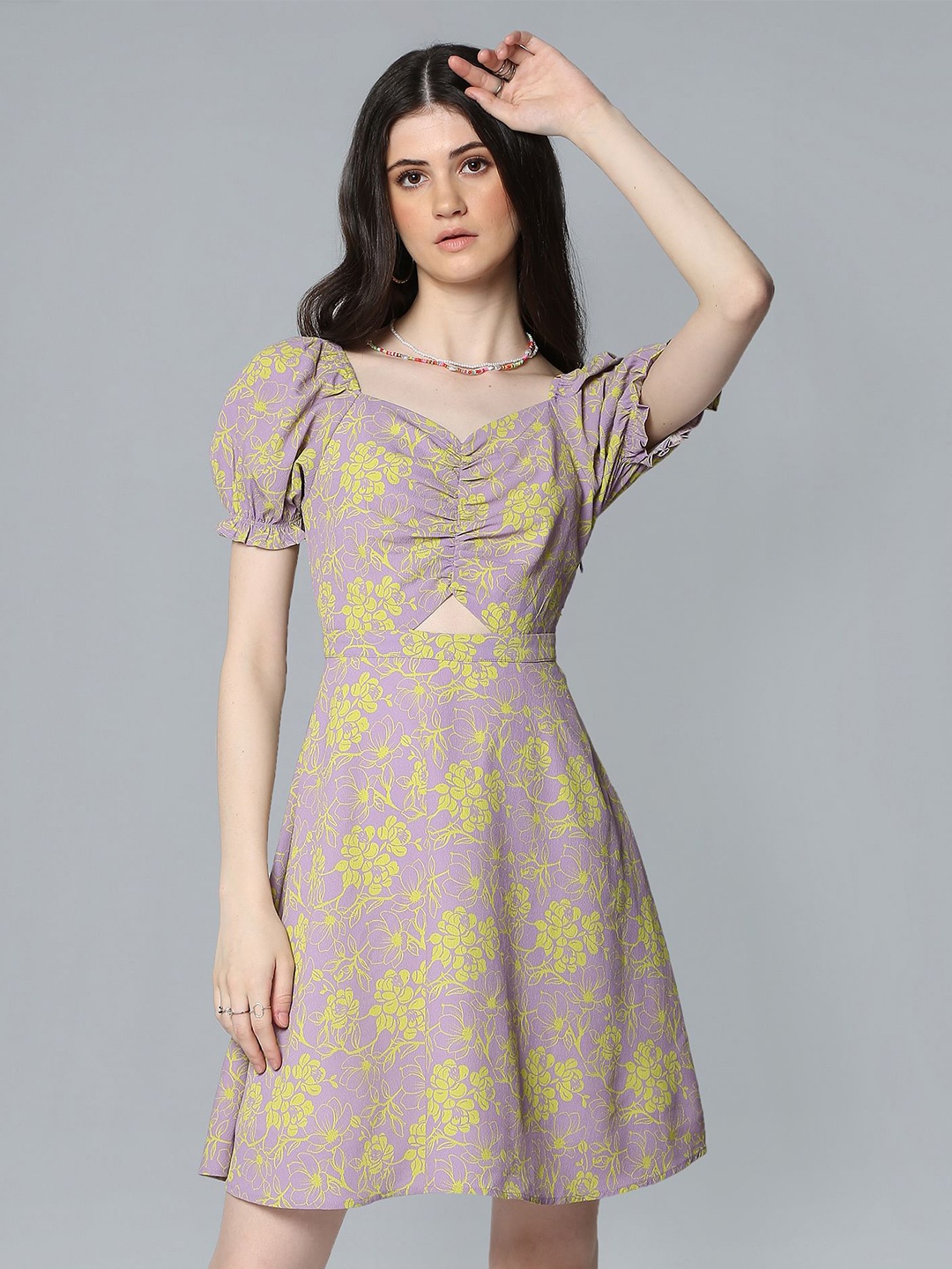 

Flying Machine Floral Printed Cut-Out Puff Sleeves A-line Dress, Lavender