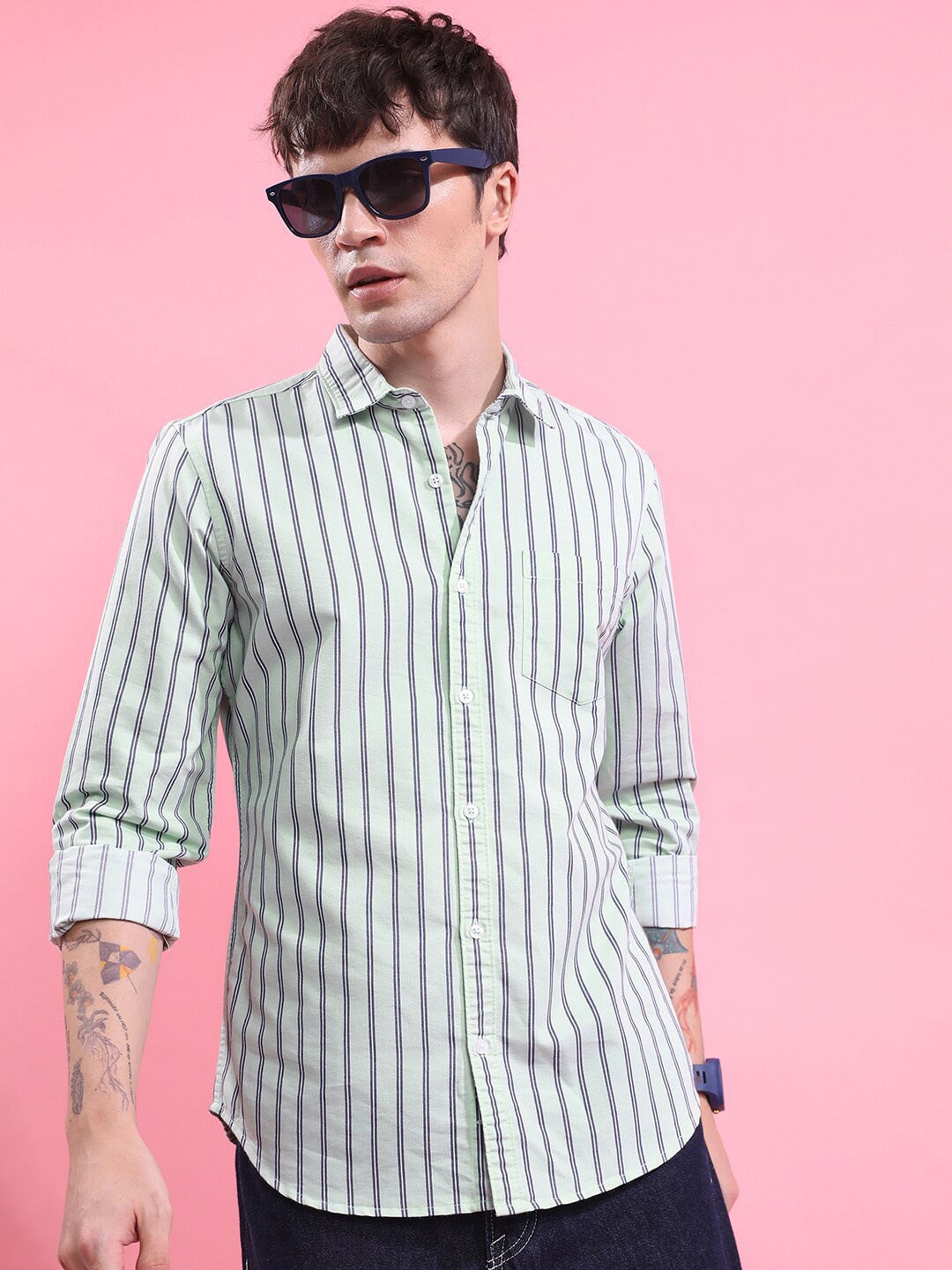 

KETCH Slim Fit Striped Casual Shirt, Green