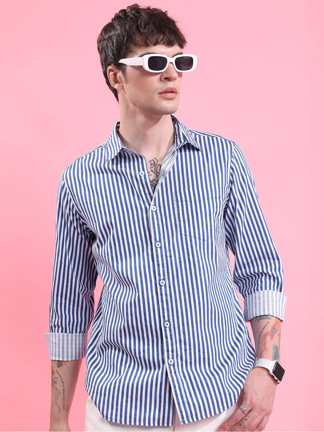 

KETCH Blue Slim Fit Bengal Stripes Opaque Striped Cotton Casual Shirt