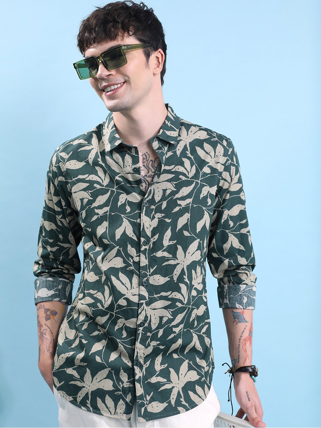 

KETCH Slim Fit Floral Printed Cotton Casual Shirt, Green