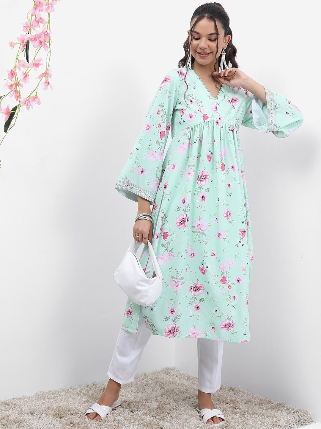 

Vishudh Floral Printed V-Neck A-Line Kurta, Blue