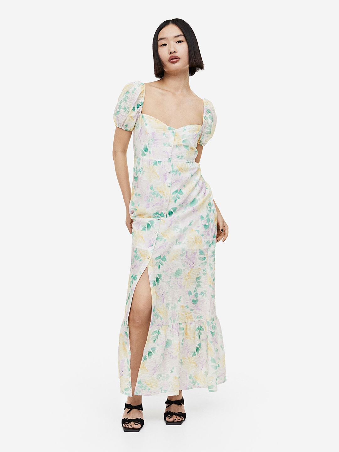

H&M Button-Front Puff-Sleeved Dress, White