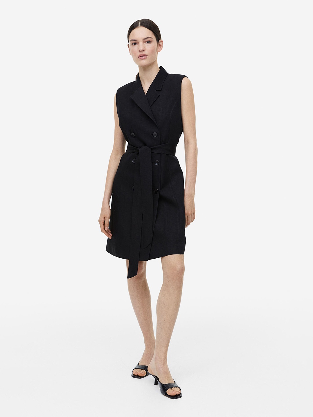 

H&M Linen-Blend Tie-Belt Dress, Black