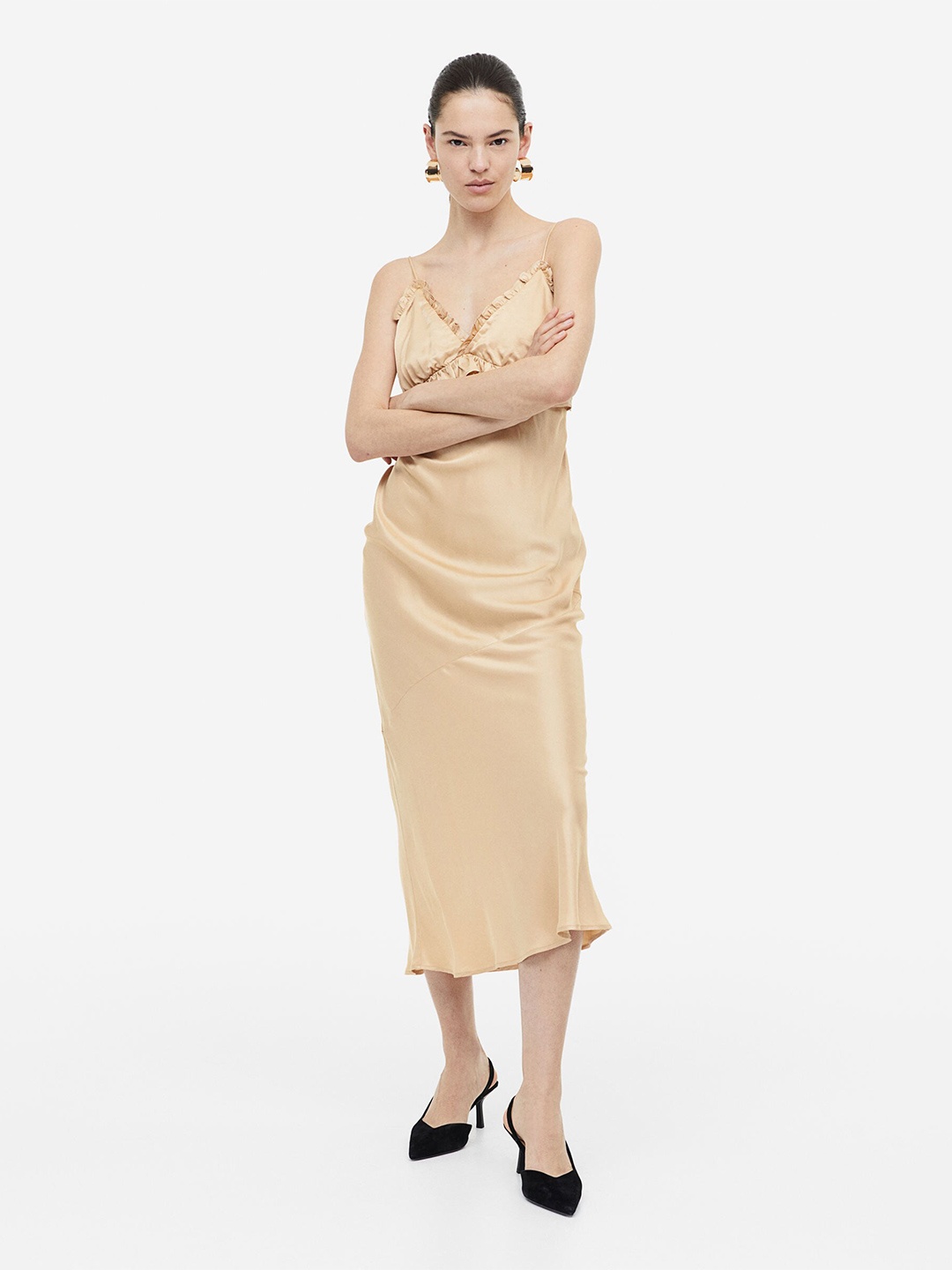 

H&M Frill-Detail Slip Dress, Beige