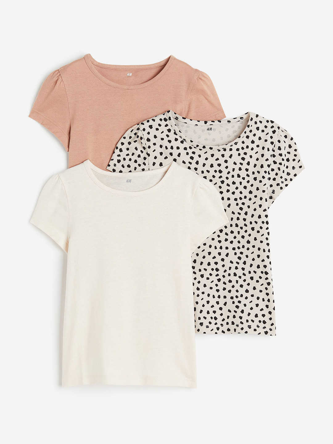 

H&M Girls 3-Pack Puff-Sleeved Tops, Beige