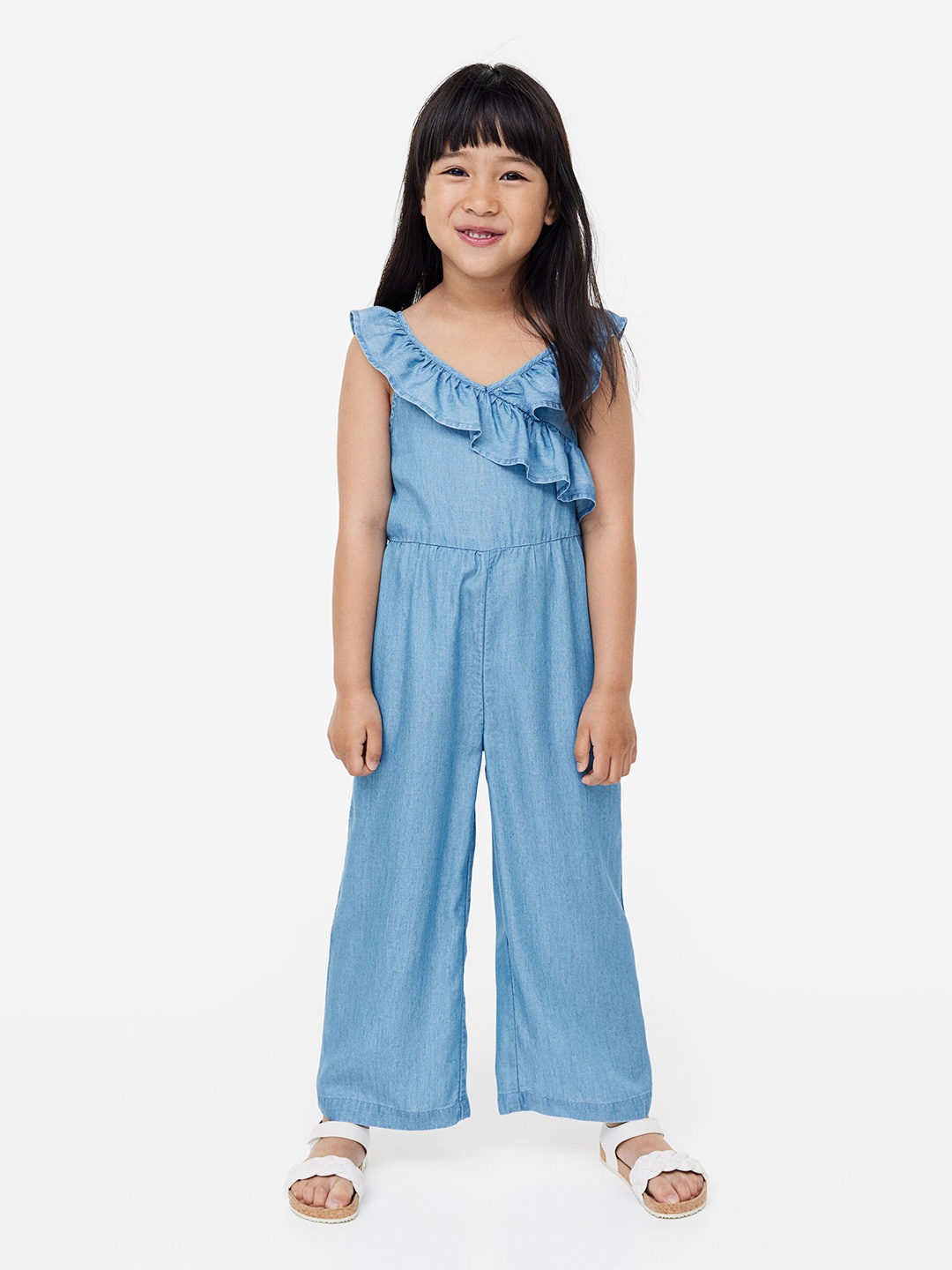 

H&M Girls Flounce-Trimmed Lyocell Jumpsuit, Blue