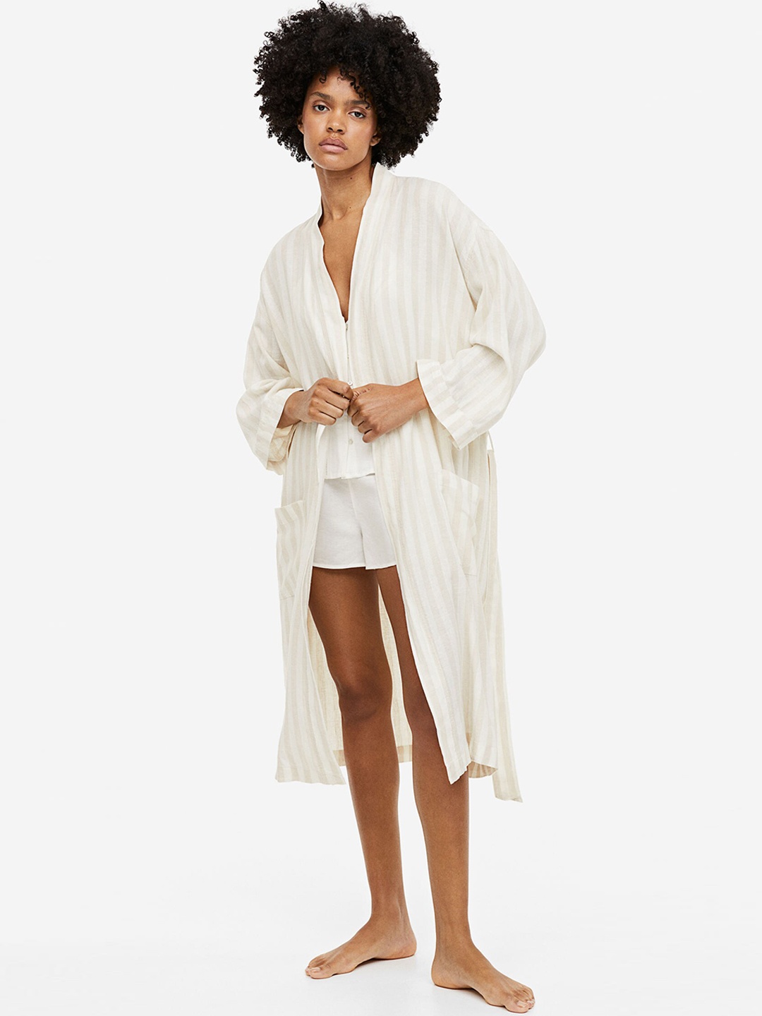 

H&M Linen-Blend Dressing Gown, Beige