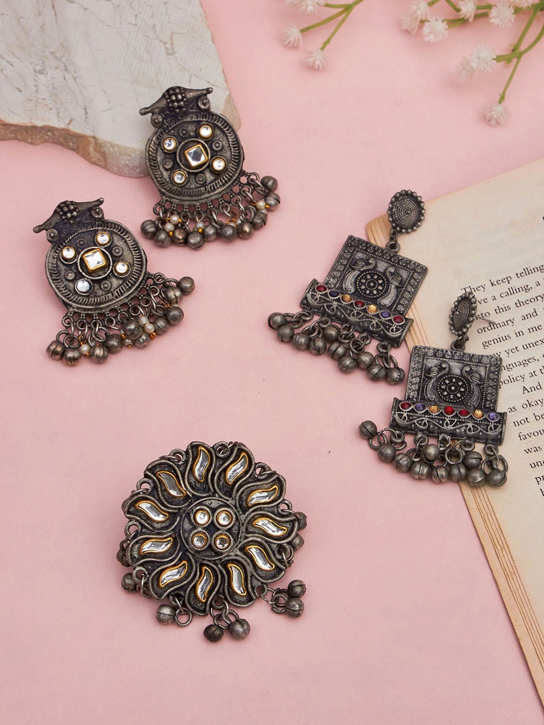 

phuljhadi Silver-Plated Contemporary Drop Earrings With Ring