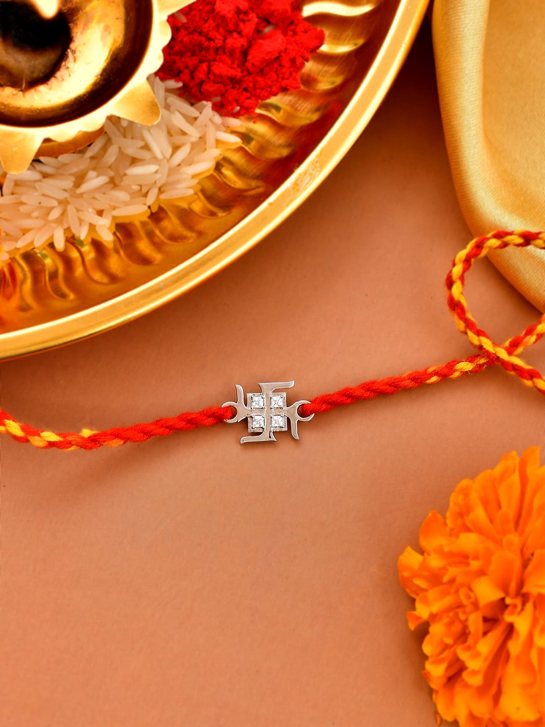 

Studio Voylla Men Silver-Plated 925 Sterling Precious Swastik Tie-Up Rakhi
