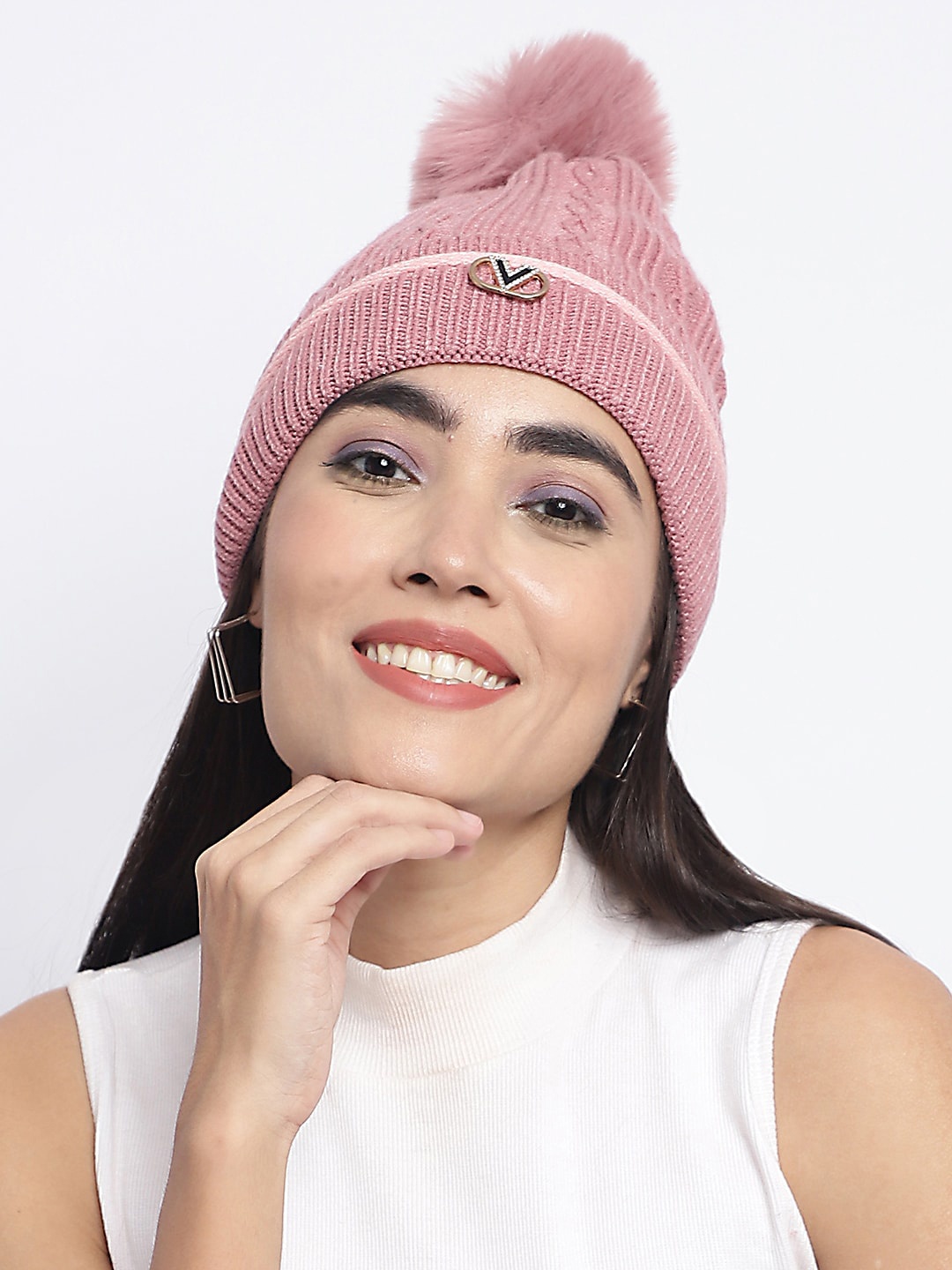 

ELLIS Self Designed Beanie With Fur Detail, Peach