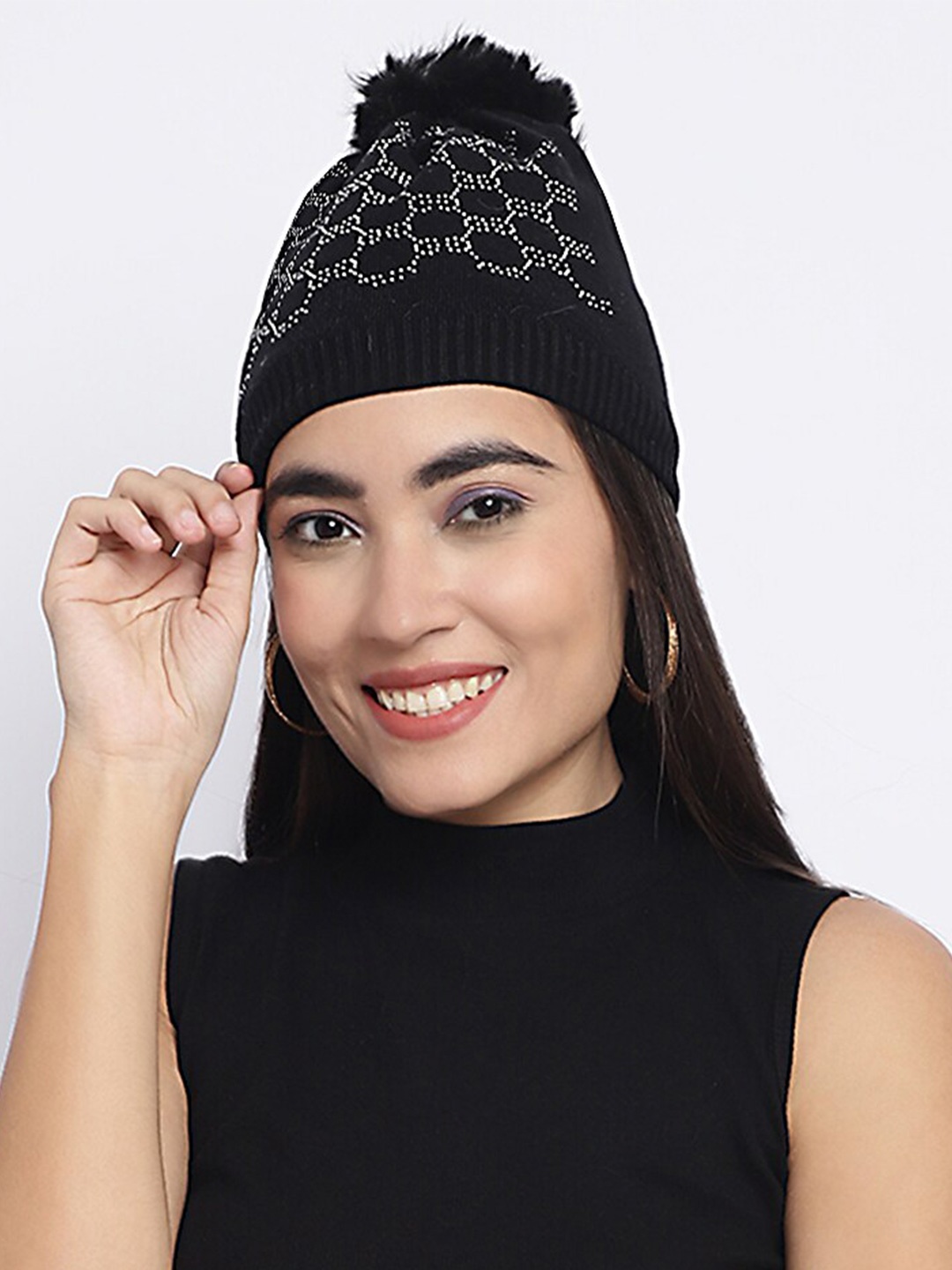

ELLIS Women Self Design Acrylic Beanie, Black