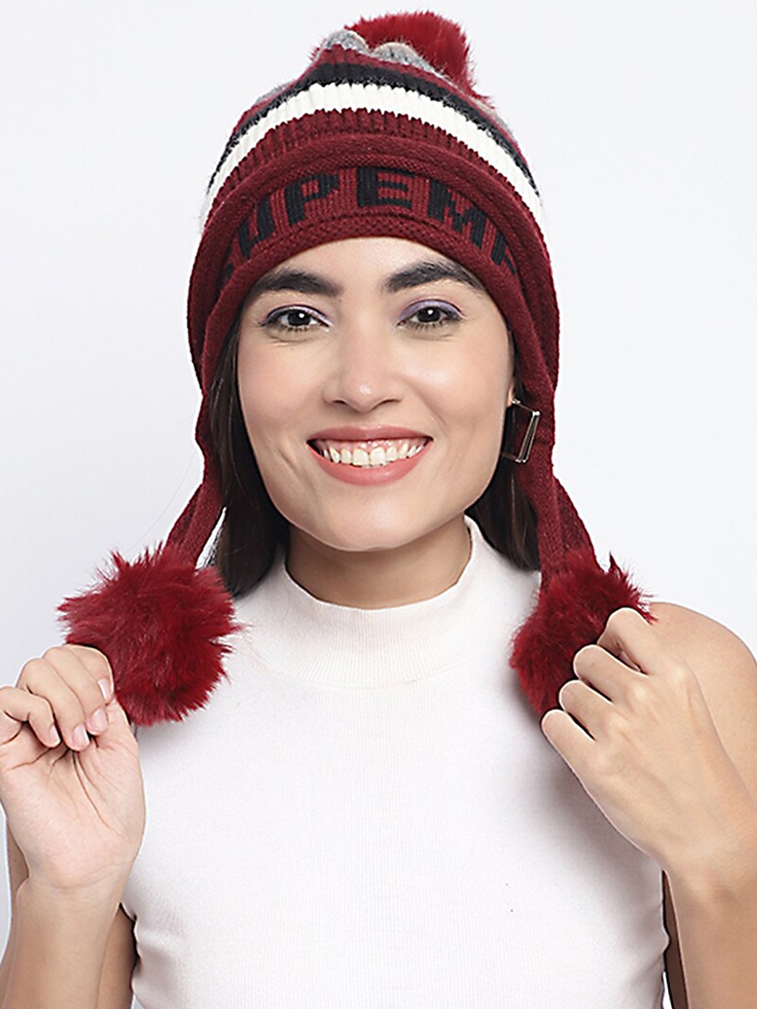 

ELLIS Self Designed Beanie With Fur Detail, Maroon