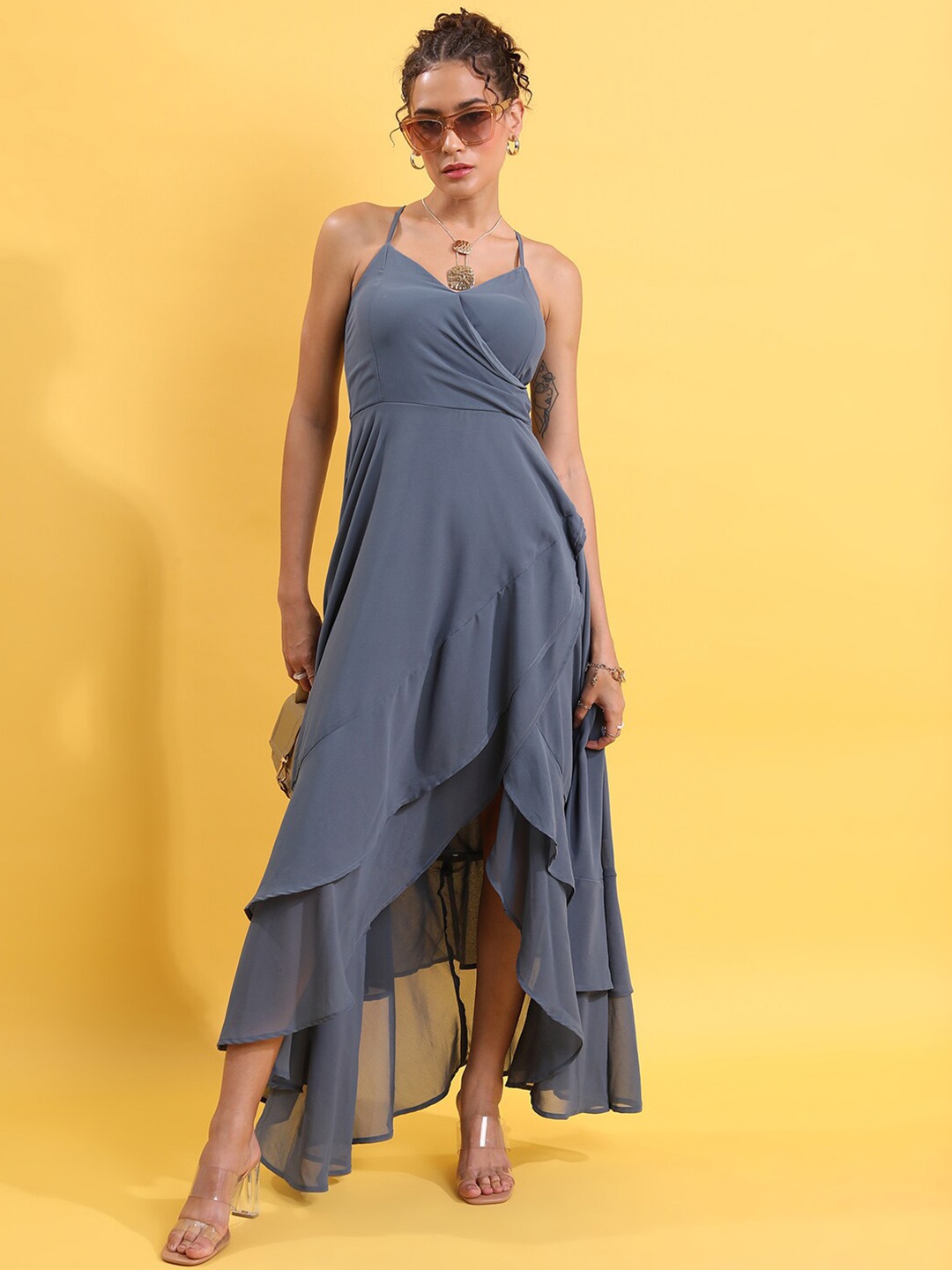 

Tokyo Talkies Women Grey Wrap High Low Hemline Maxi Dress