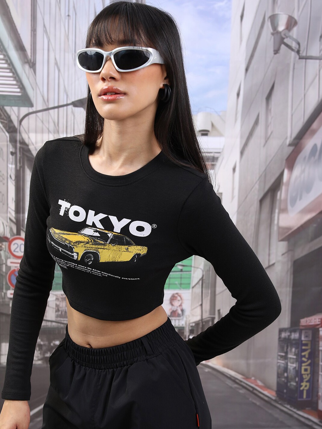 

Tokyo Talkies Graphic Printed Fitted Crop top, Black