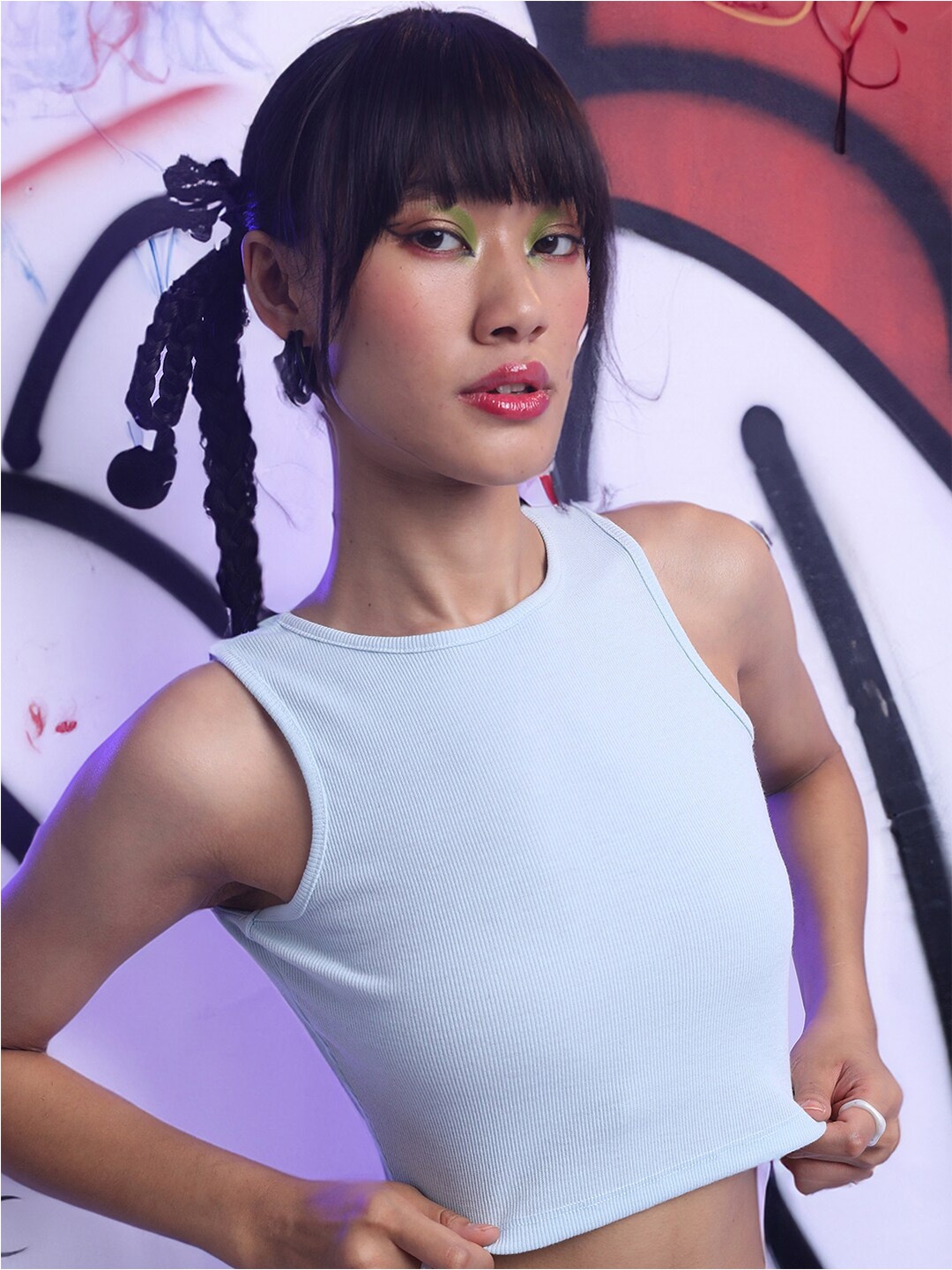 

Tokyo Talkies Blue Round Neck Sleeveless Crop Top