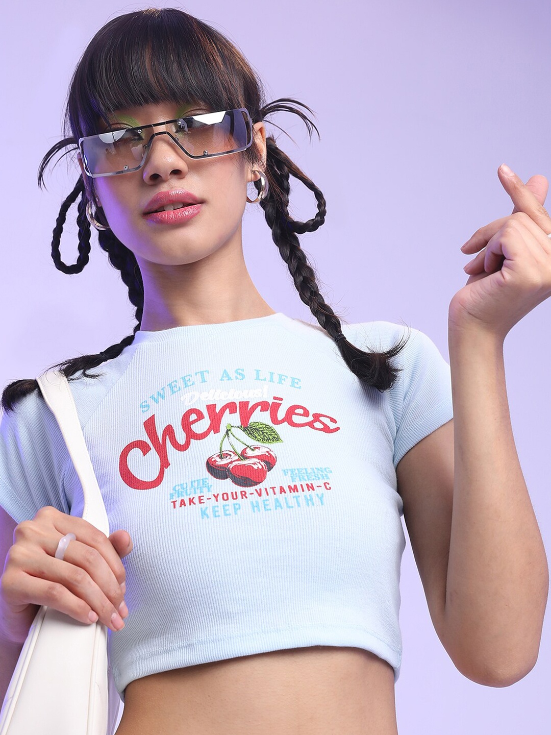 

Tokyo Talkies Blue Typography Printed Raglan Sleeves Crop Top