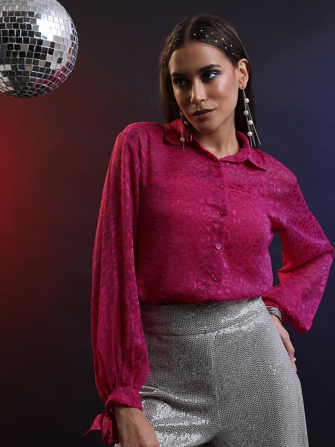 

Tokyo Talkies Self Design Cuffed Sleeves Shirt Style Top, Pink