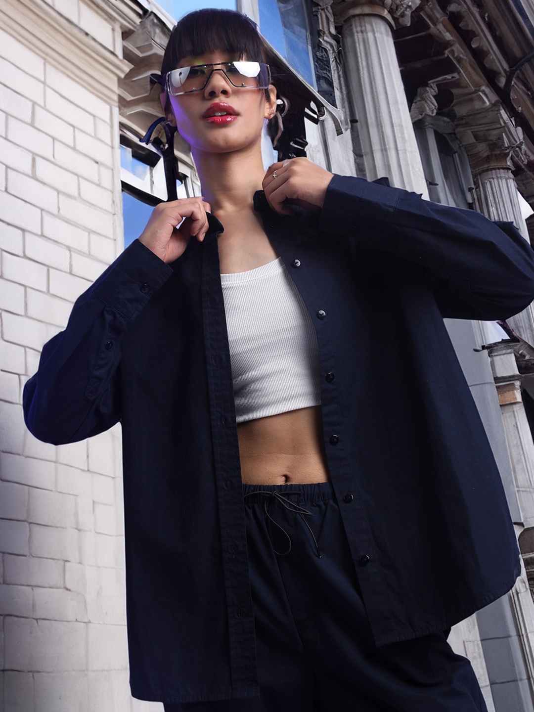 

Tokyo Talkies Streetwise Drop Shoulder Oversized Casual Shirt, Navy blue