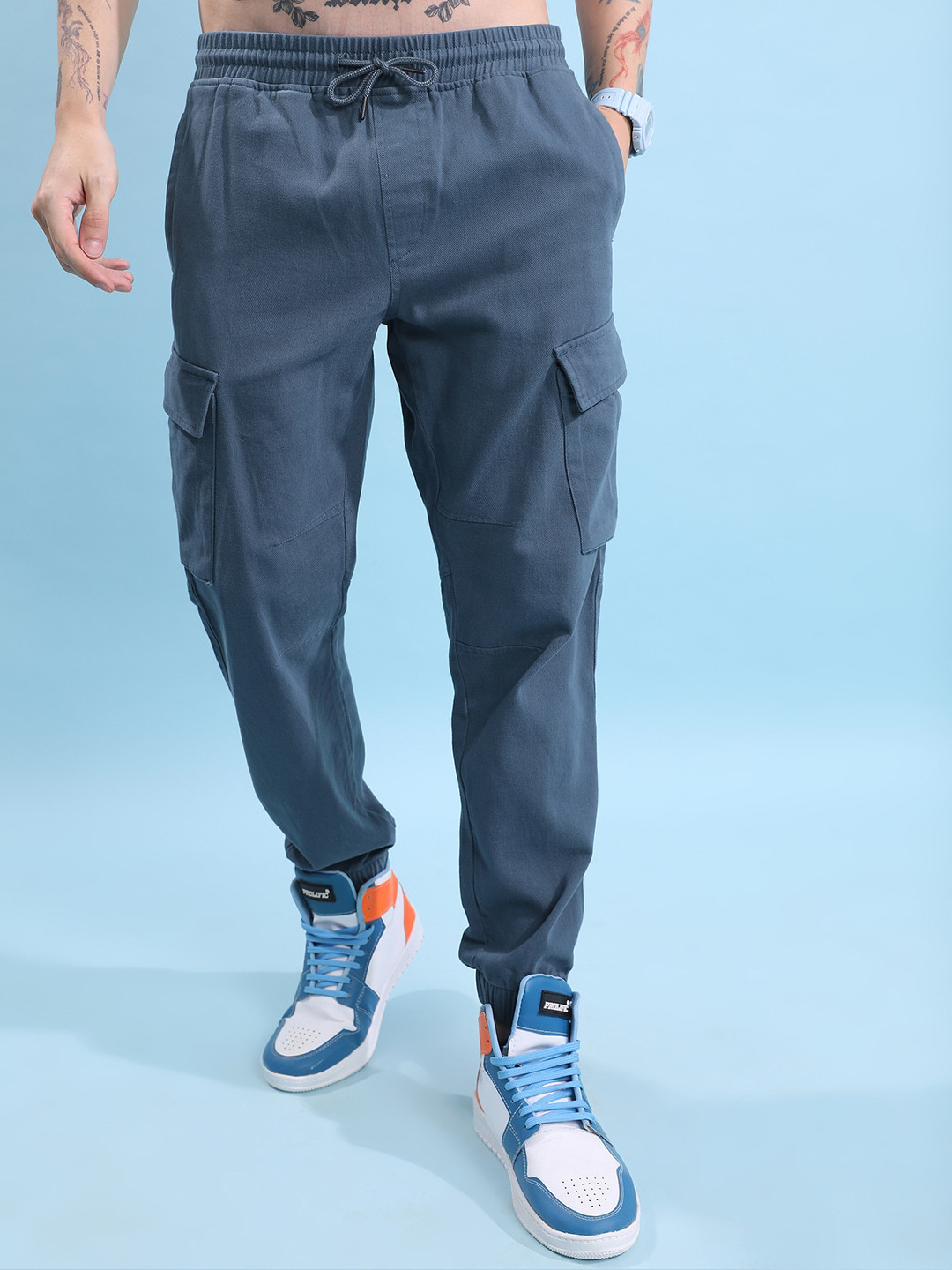 

HIGHLANDER Men Blue Ankle Length Cargo jogger Trouser