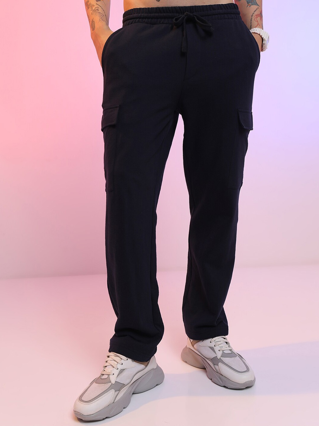 

HIGHLANDER Men Knitted Navy Blue Relaxed Fit Cargo Trouser