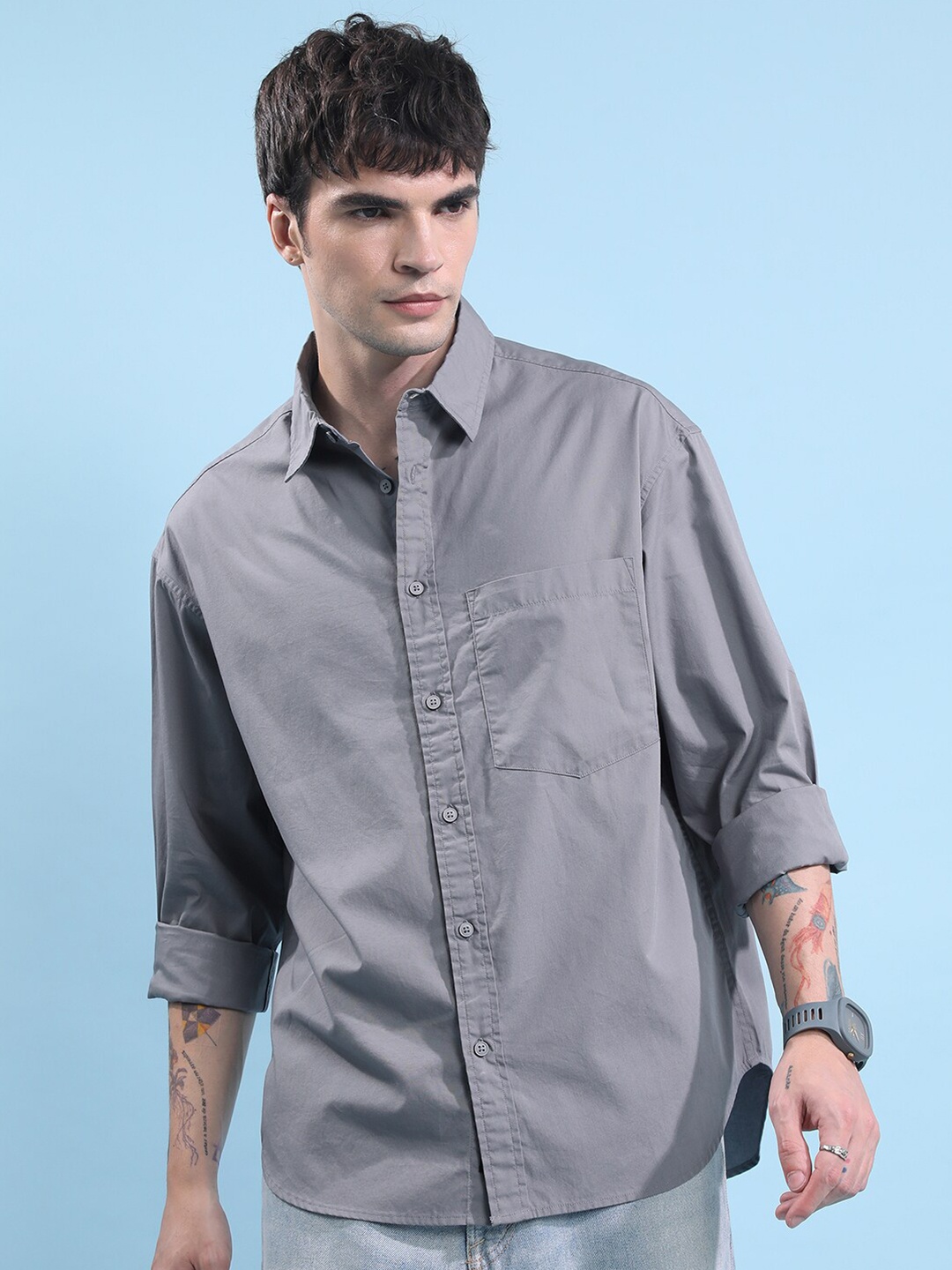 

HIGHLANDER Spread Collar Boxy Cotton Casual Shirt, Grey