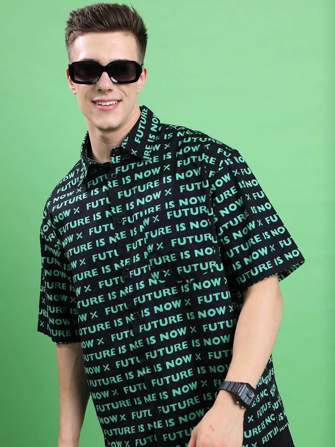 

HIGHLANDER Unisex Boxy Typography Printed Cotton Casual Shirt, Black
