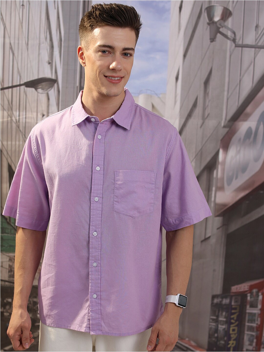 

HIGHLANDER Cotton Linen Drop Shoulder Oversized Shirt, Lavender