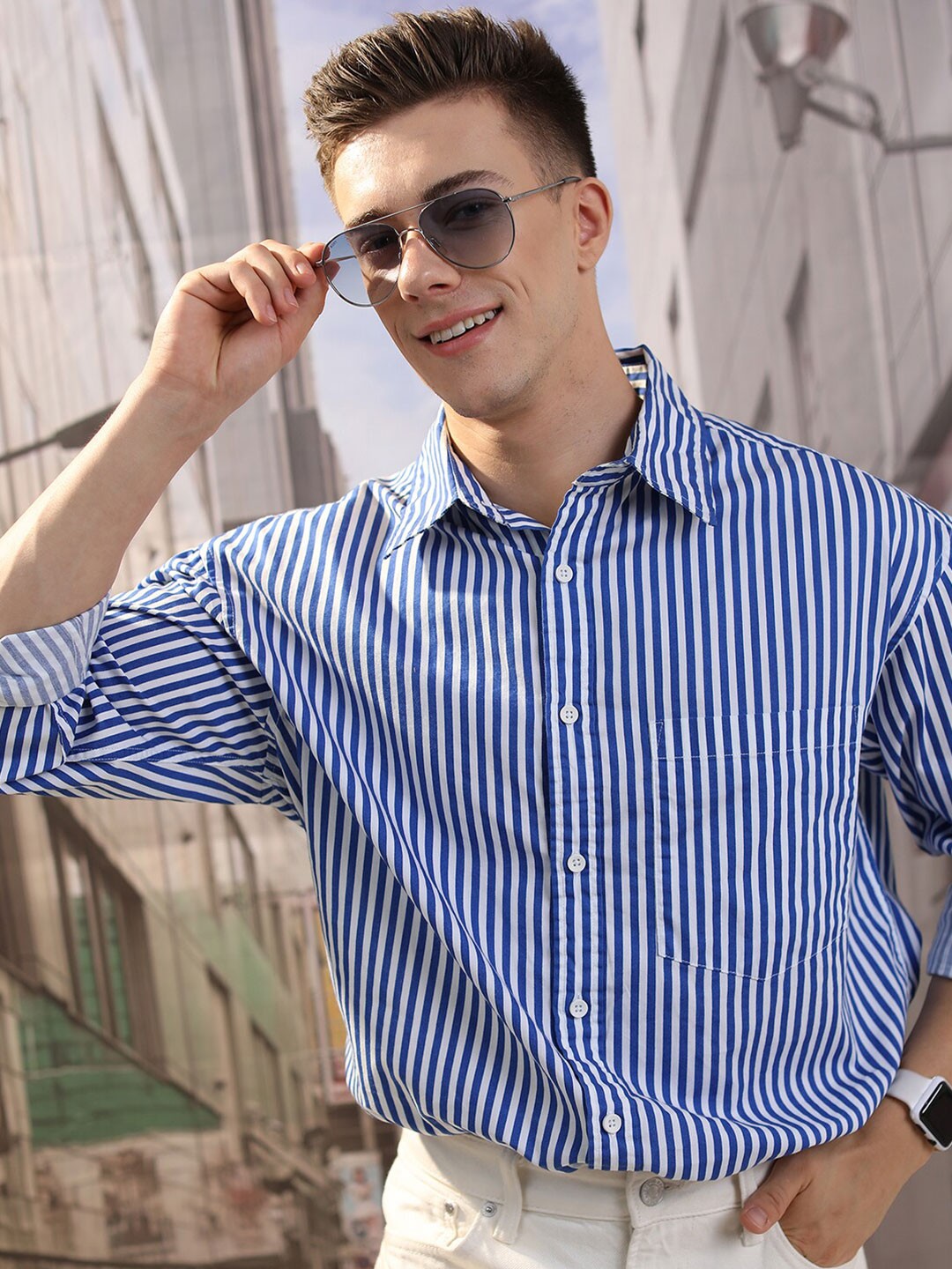 

HIGHLANDER Oversized Vertical Striped Cotton Drop Shoulder Oversized Shirt, Blue
