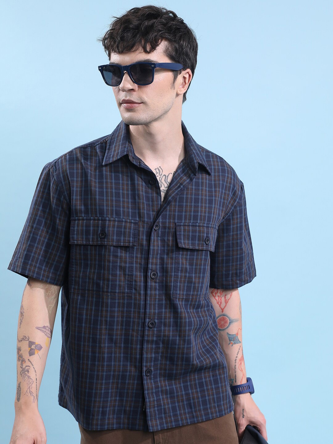 

HIGHLANDER Navy Blue Tartan Checks Checked Oversized Cotton Casual Shirt