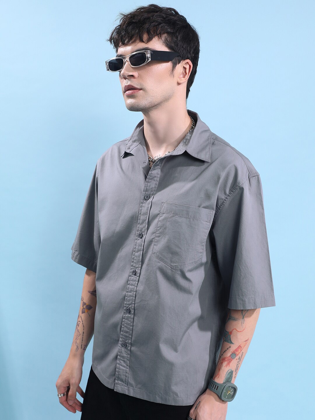 

HIGHLANDER Men Boxy Spread Collar Cotton Drop Shoulder Oversized Shirt, Grey