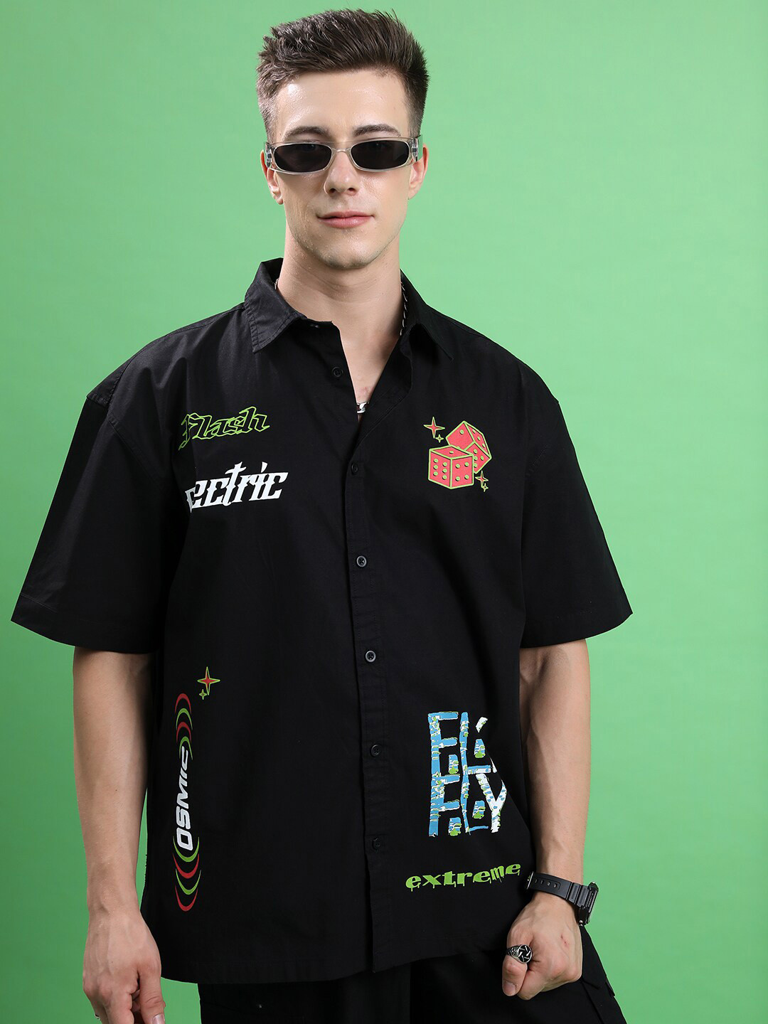 

HIGHLANDER Unisex Boxy Typography Printed Cotton Casual Shirt, Black