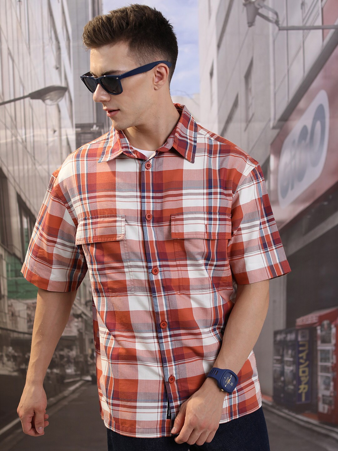 

HIGHLANDER Tartan Checked Boxy Cotton Drop-Shoulder Casual Shirt, Rust