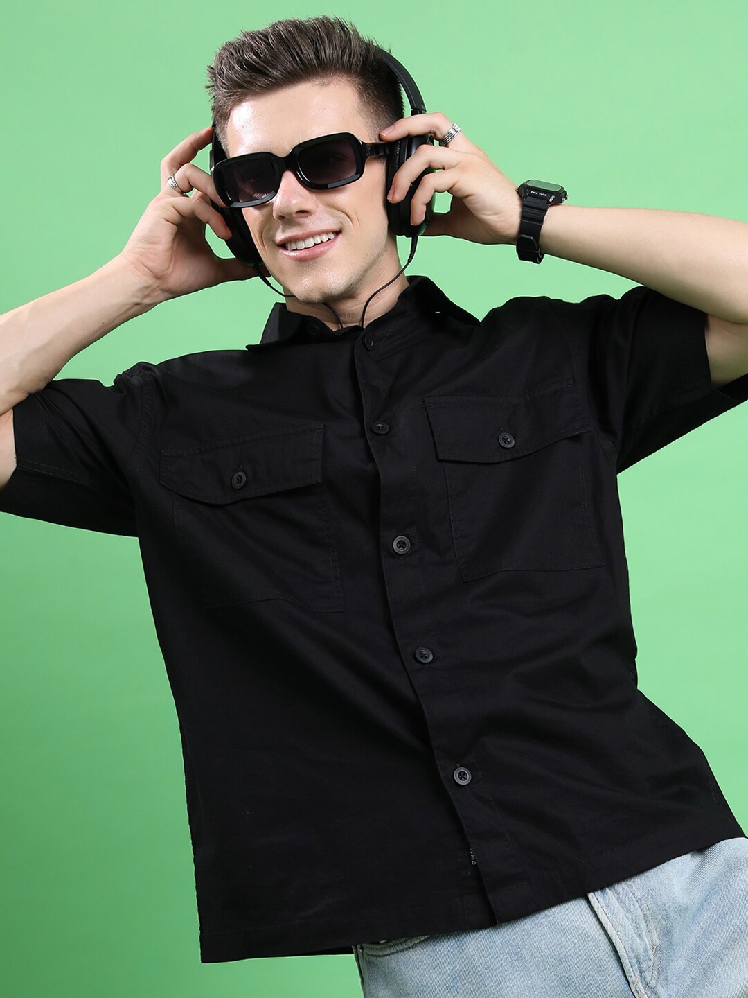 

HIGHLANDER Boxy Cotton Casual Shirt, Black