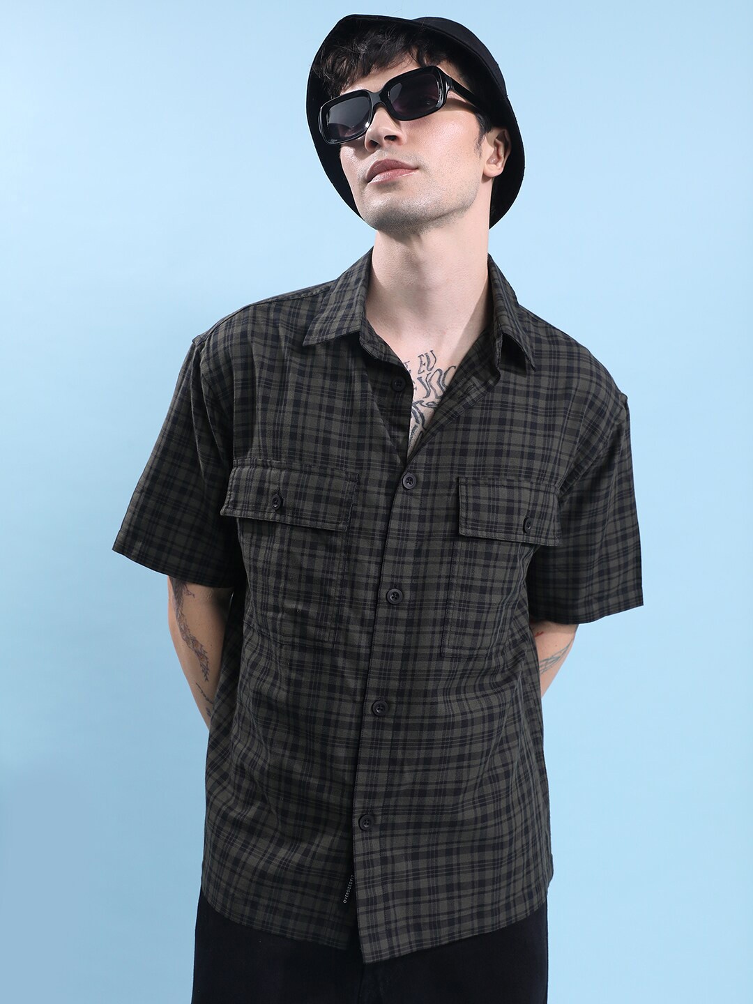 

HIGHLANDER Other Checks Boxy Cotton Casual Oversized Shirt, Olive