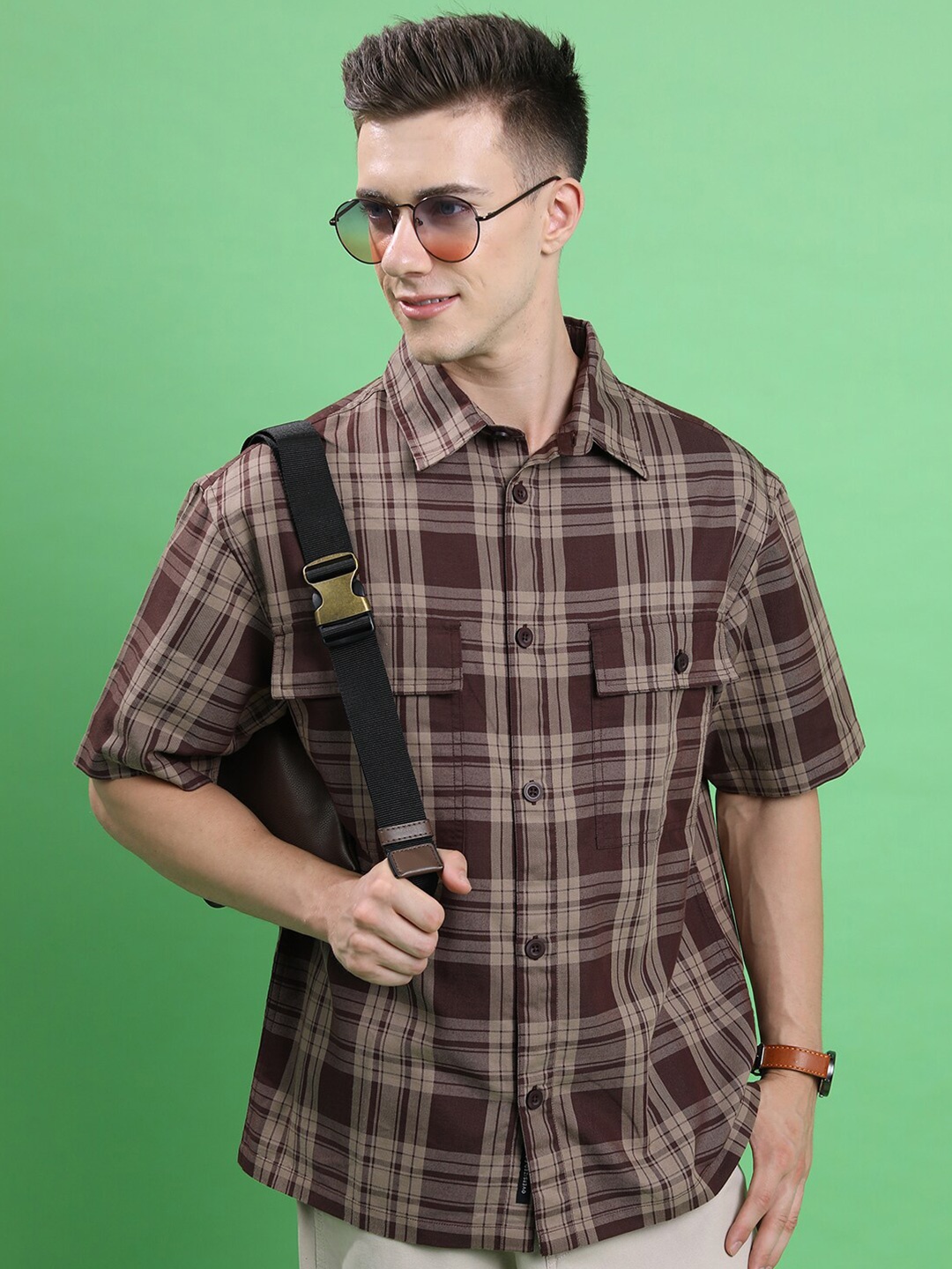 

HIGHLANDER Boxy Tartan Checked Casual Shirt, Coffee brown