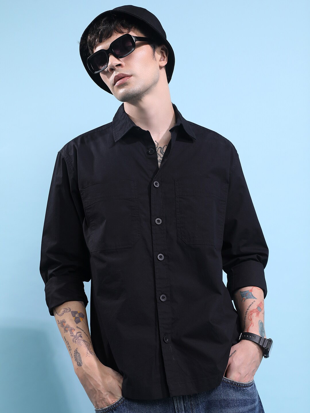 

HIGHLANDER Boxy Spread Collar Casual Cotton Shirt, Black