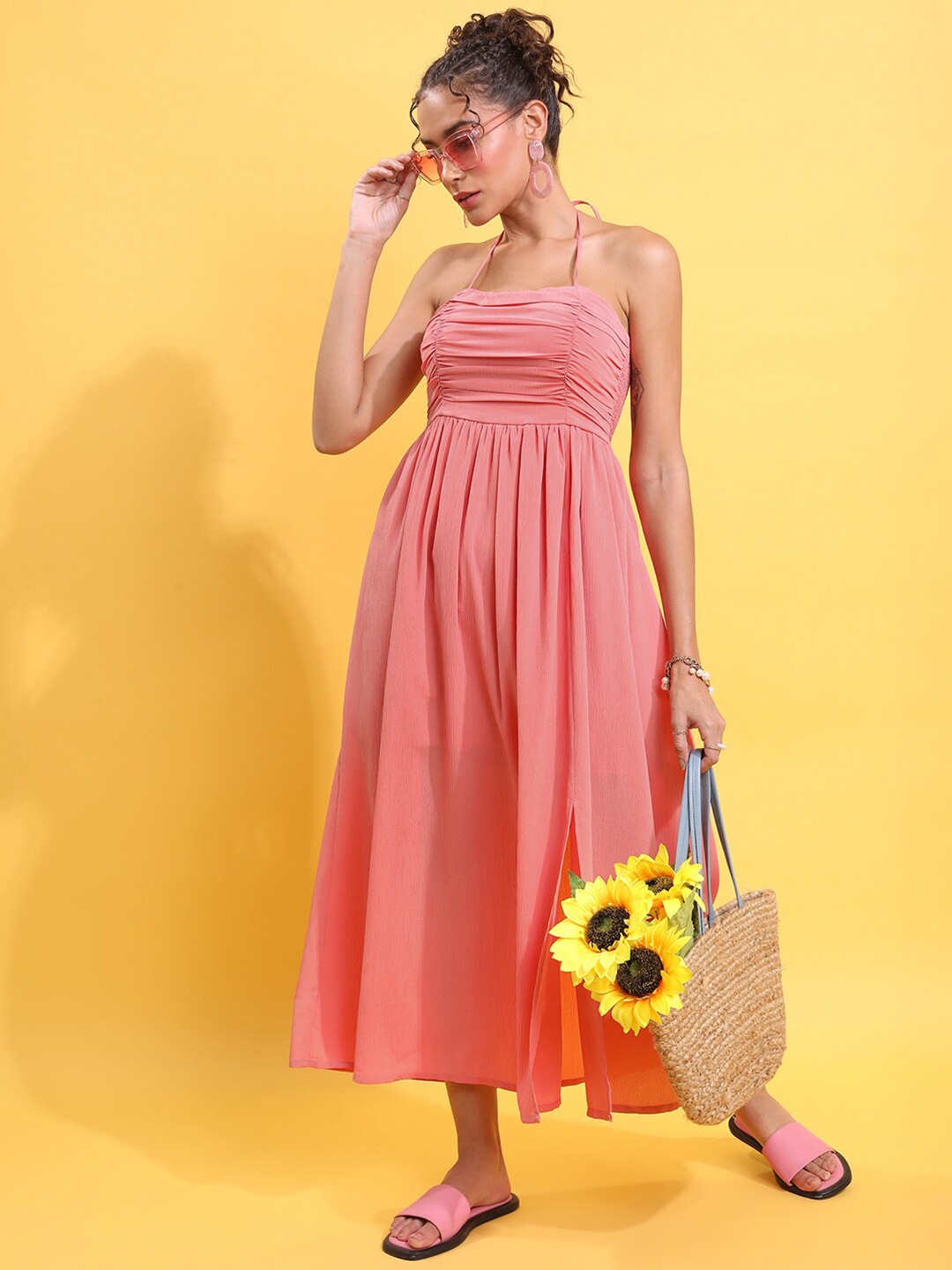 

Tokyo Talkies Rose Halter Neck Smocked & Gathered Ruched Fit & Flare Dress