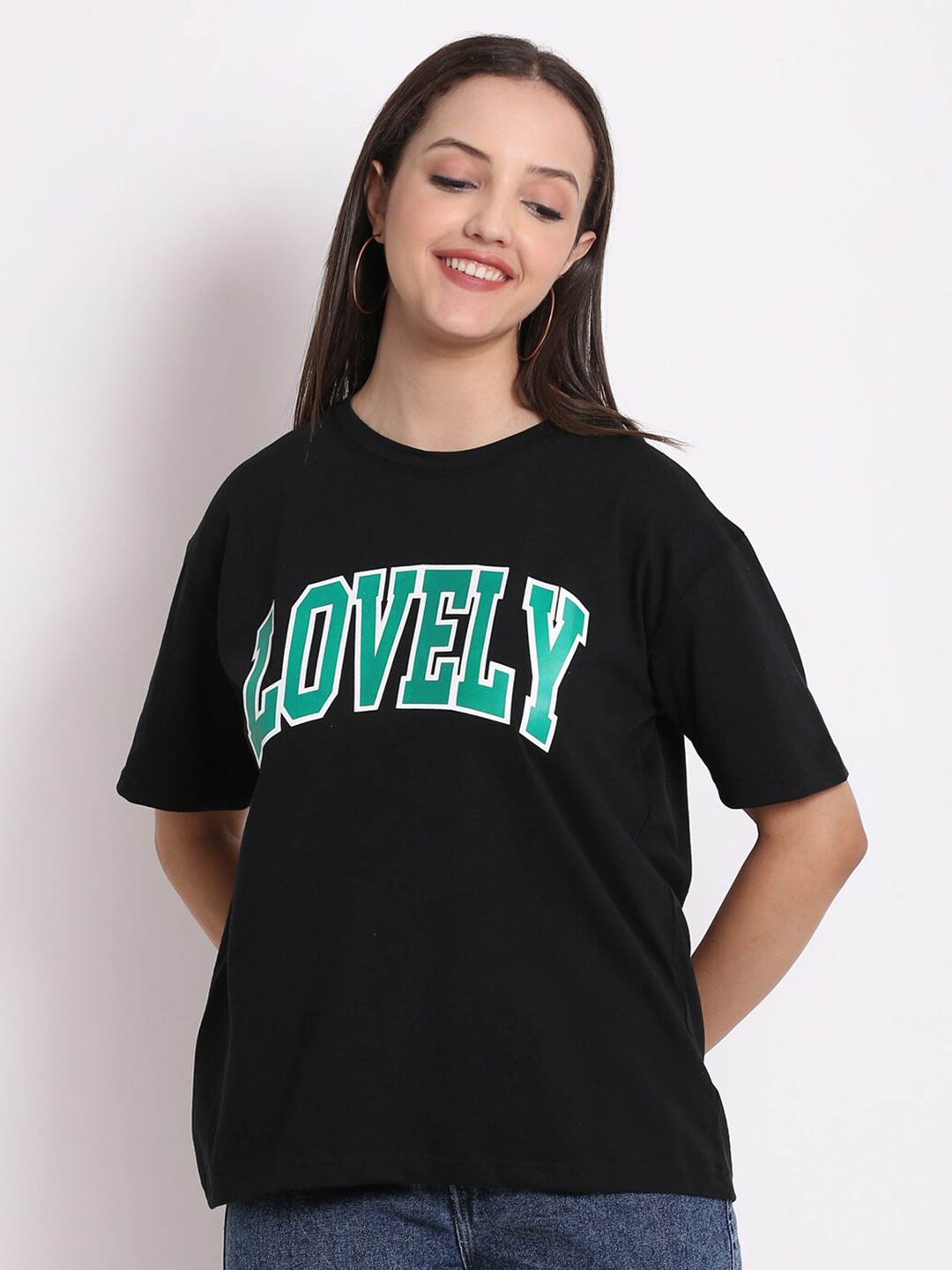 

HERE&NOW Typography Printed Cotton Boxy T-shirt, Black