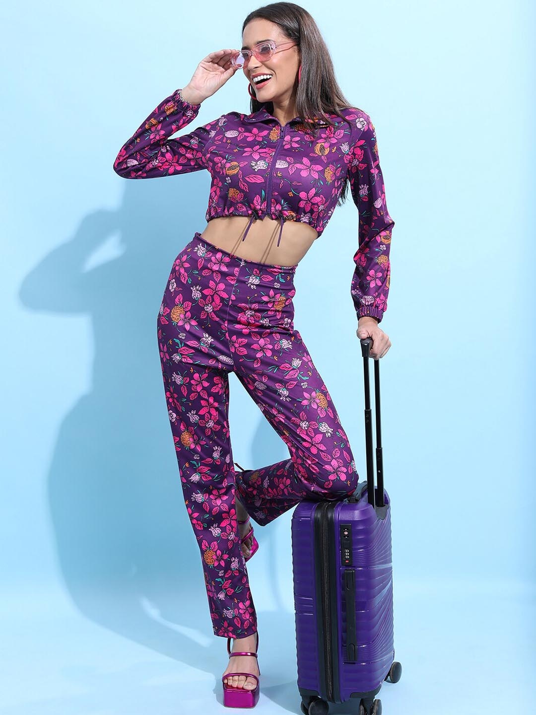 

Tokyo Talkies Purple Floral Printed High-Neck Crop Top With Trousers