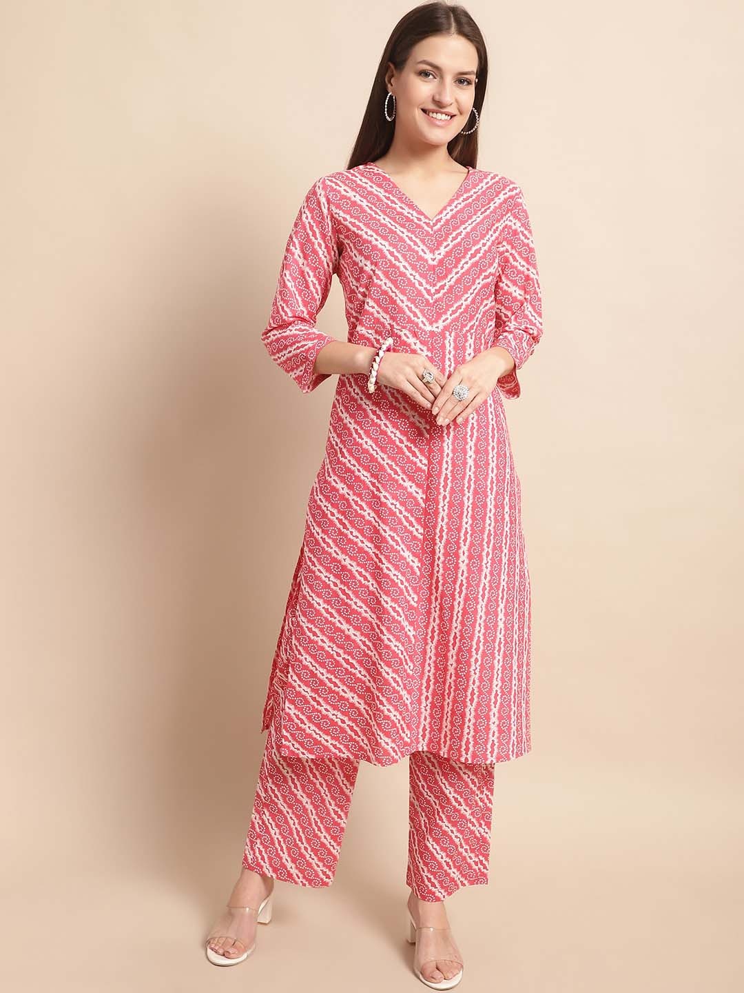 

KALINI Bandhani Printed V Neck Regular Pure Cotton Straight Pastel Kurta With Palazzos, Pink